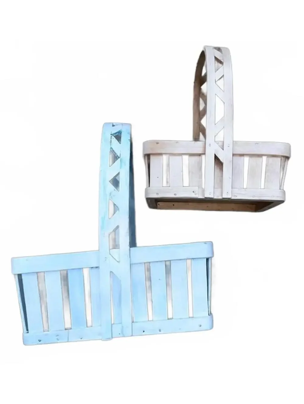 2 Wooden Berry Picking Baskets Farmhouse Cottage Blue 12X9 & White 10X8